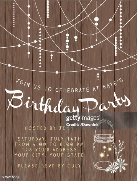 birthday party string lights and rustic wooden background design invitation template - party string stock illustrations