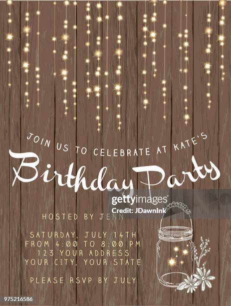 birthday party string lights and rustic wooden background design invitation template - party string stock illustrations