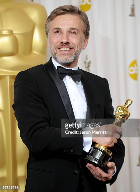 Actor Christoph Waltz, winner of Best Supporting Actor award for "Inglourious Basterds," poses in the press room at the 82nd Annual Academy Awards...