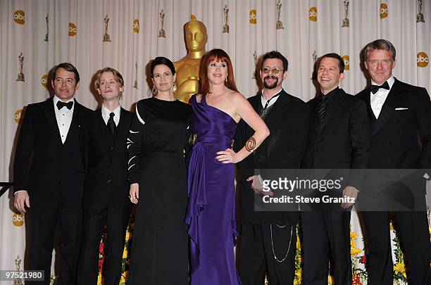 Presenters Matthew Broderick, Macauley Culkin, Ally Sheedy, Molly Ringwald, Judd Nelson, Jon Cryer, and Anthony Michael Hall pose in the press room...