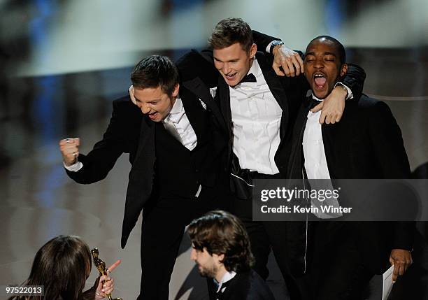 Actors Jeremy Renner, Brian Geraghty and Anthony Mackie accept Best Picture award for "The Hurt Locker" onstage during the 82nd Annual Academy Awards...