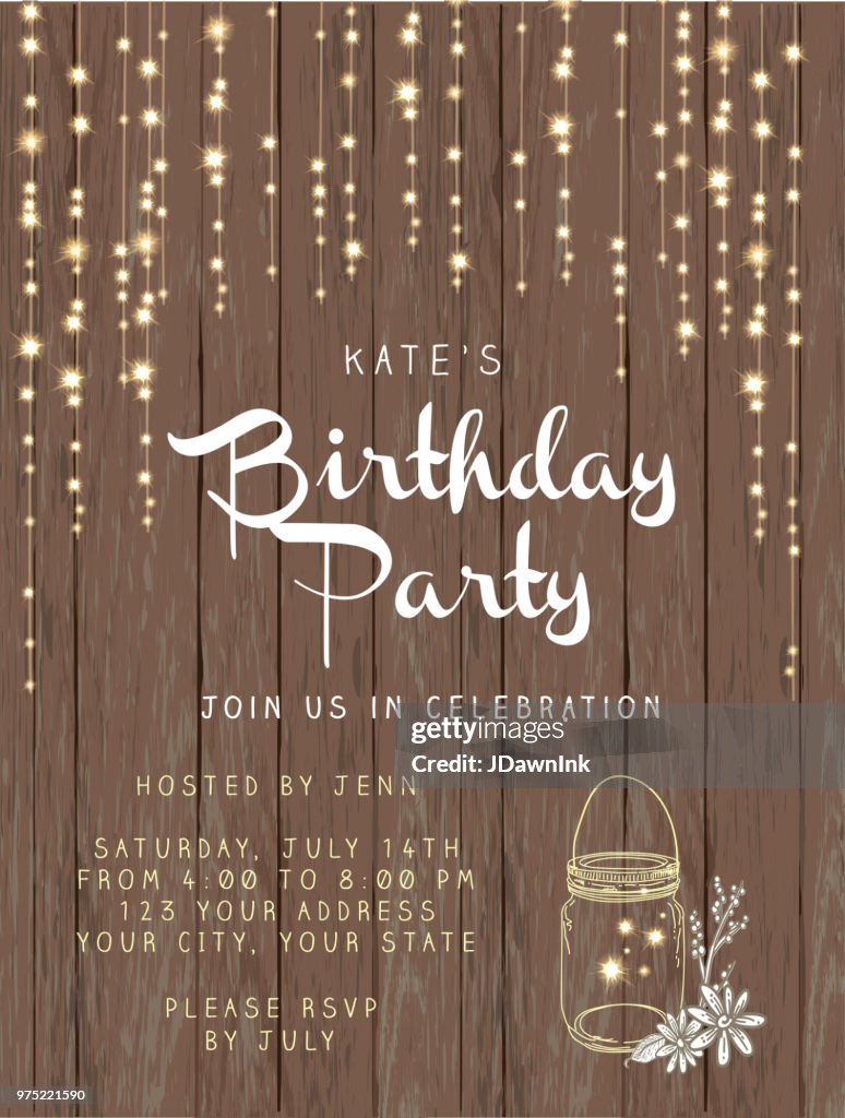 Birthday party string lights and rustic wooden background design invitation template