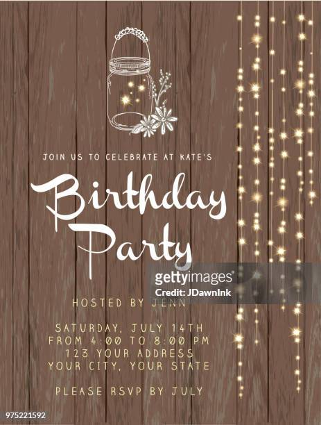 birthday party string lights and rustic wooden background design invitation template - party string stock illustrations