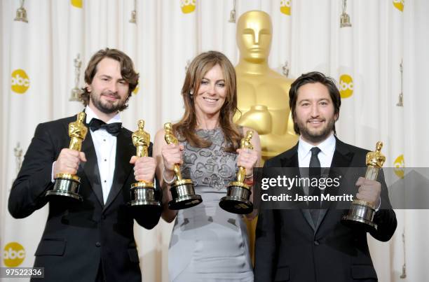 Screenwriter Mark Boal, director Kathryn Bigelow and producer Greg Shapiro, winners of the Best Picture award for "The Hurt Locker," pose in the...