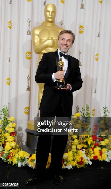 Actor Christoph Waltz, winner of Best Supporting Actor award for "Inglourious Basterds," poses in the press room at the 82nd Annual Academy Awards...