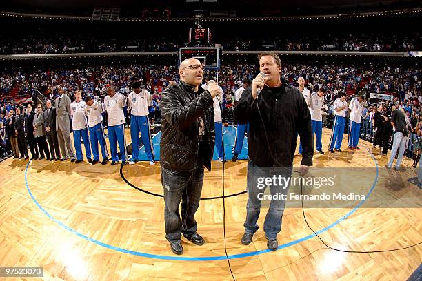 Musical group Sister Hazel members Ken Block and Andrew Copeland perform the national anthem before the game between the Los Angeles Lakers and the...