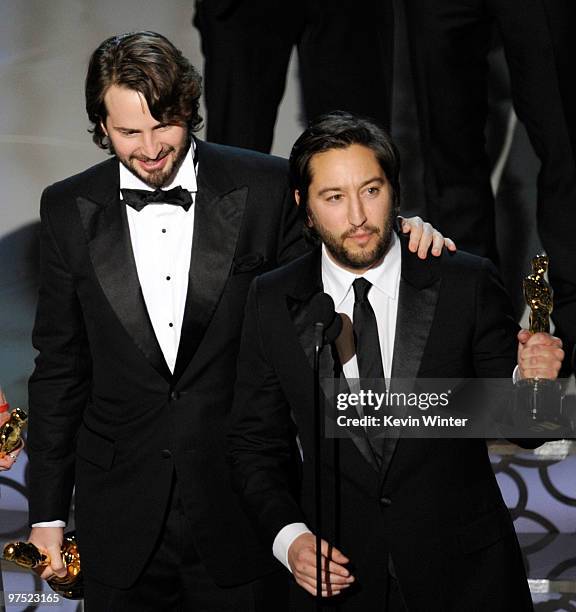 Screenwriter Mark Boal and producer Greg Shapiro accept Best Picture award for "The Hurt Locker" onstage during the 82nd Annual Academy Awards held...