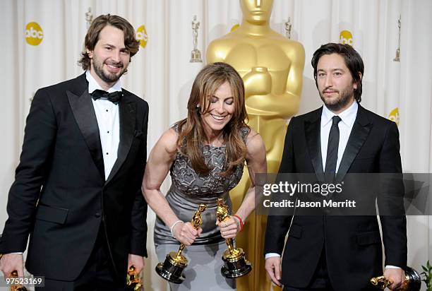 Screenwriter Mark Boal, director Kathryn Bigelow and producer Greg Shapiro, winners of the Best Picture award for "The Hurt Locker," pose in the...