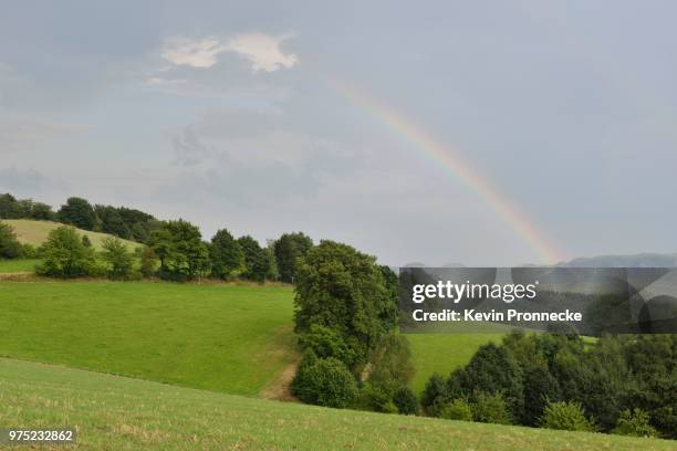 rainbow and landscape of saxon switzerland in sebnitz, elbe sandstone mountains, saxony, germany - sebnitz stock pictures, royalty-free photos & images