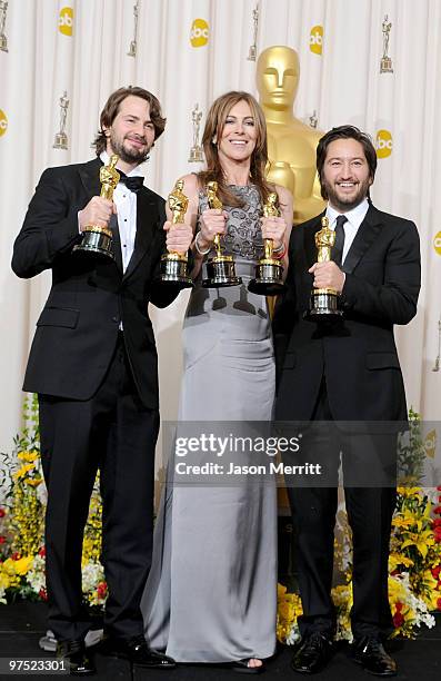 Screenwriter Mark Boal, director Kathryn Bigelow and producer Greg Shapiro, winners of the Best Picture award for "The Hurt Locker," pose in the...