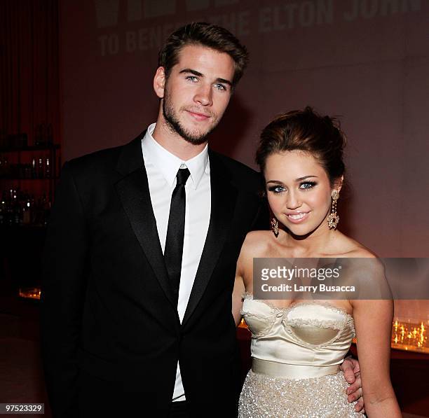 Actor Liam Hemsworth and singer/actress Miley Cyrus attend the 18th Annual Elton John AIDS Foundation Academy Award Party at Pacific Design Center on...