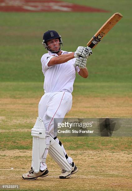 England batsman Jonathan Trott hooks a ball towards the boundary during day two of the tour match between Bangladesh A and England at Jahur Ahmed...