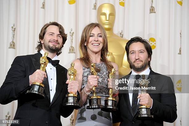 Screenwriter Mark Boal, director Kathryn Bigelow and producer Greg Shapiro, winners of the Best Picture award for "The Hurt Locker," pose in the...