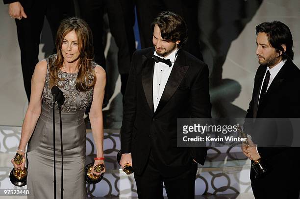 Director Kathryn Bigelow, screenwriter Mark Boal and producer Greg Shapiro accept Best Picture award for "The Hurt Locker" onstage during the 82nd...