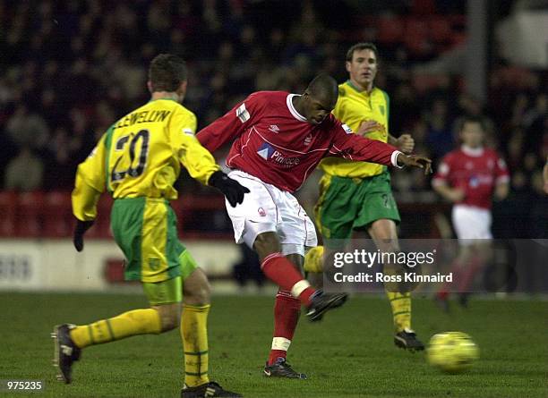 Matlon Harewood of Forest fires in a shot during the Nationwide First Division match between Nottingham Forest and Norwich City at the City Ground,...