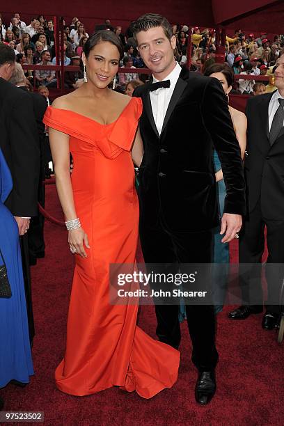 Actress Paula Patton and singer Robin Thicke arrive at the 82nd Annual Academy Awards held at Kodak Theatre on March 7, 2010 in Hollywood, California.