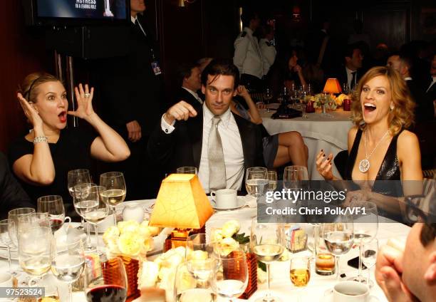 Krista Smith and actors Jon Hamm and Hilary Swank attend the 2010 Vanity Fair Oscar Party hosted by Graydon Carter at the Sunset Tower Hotel on March...