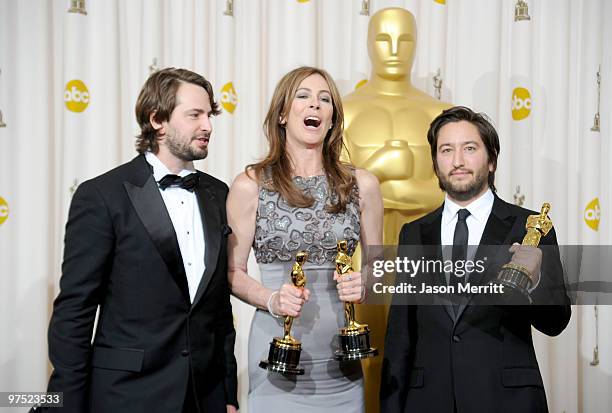 Screenwriter Mark Boal, director Kathryn Bigelow and producer Greg Shapiro, winners of the Best Picture award for "The Hurt Locker," pose in the...