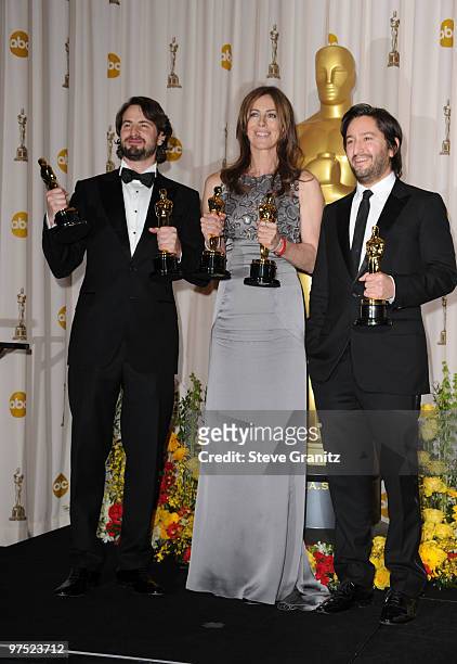 Writer Mark Boal, director Kathryn Bigelow, and producer Greg Shapiro poses in the press room at the 82nd Annual Academy Awards held at the Kodak...