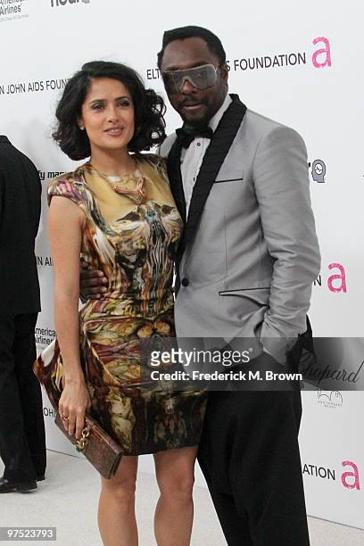 Actress Salma Hayek and musician will.i.am arrive at the 18th annual Elton John AIDS Foundation Oscar Party held at Pacific Design Center on March 7,...