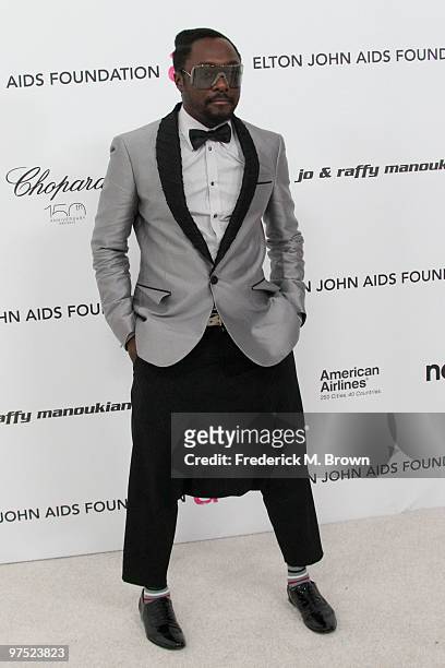 Singer wil.i.am arrives at the 18th annual Elton John AIDS Foundation's Oscar Viewing Party held at the Pacific Design Center on March 7, 2010 in Los...