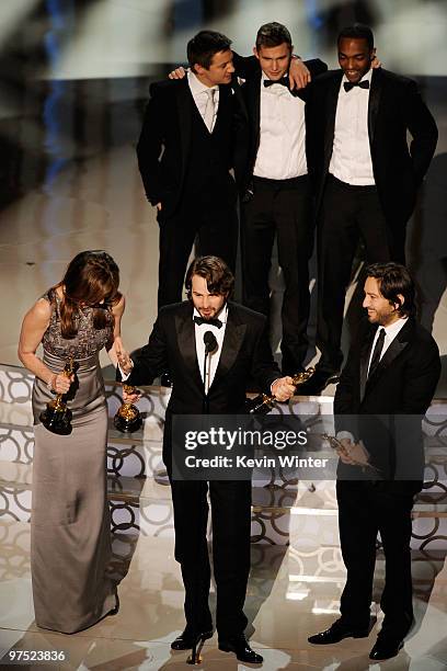 Director Kathryn Bigelow, screenwriter Mark Boal and producer Greg Shapiro, and actors Jeremy Renner, Brian Geraghty and Anthony Mackie accept Best...