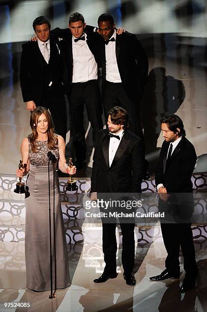 Director Kathryn Bigelow actors Jeremy Renner, Brian Geraghty, and Anthony Mackie, writer Mark Boal, and producer Greg Shapiro onstage during the...