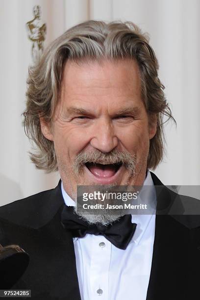 Actor Jeff Bridges, winner of Best Actor award for "Crazy Heart," poses in the press room at the 82nd Annual Academy Awards held at Kodak Theatre on...