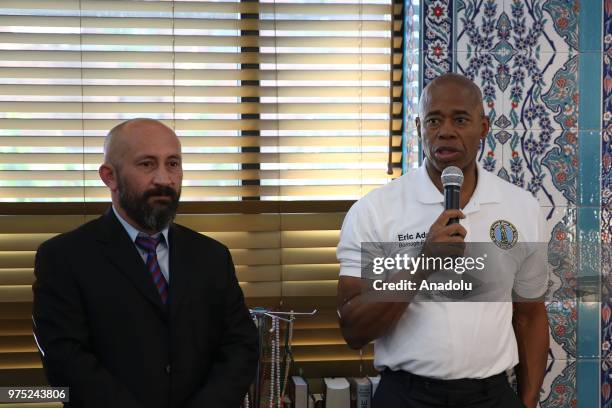 Eric Adams, Borough President of Brooklyn, New York City gives a speech as Muslims celebrate Eid al-Fitr after the end of Ramadan in Eyup Sultan...