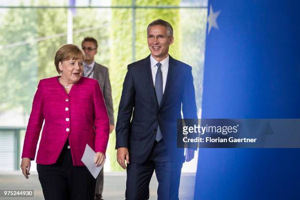 German Chancellor Angela Merkel and Jens Stoltenberg, Secretary General of the NATO , attend a press conference on June 15, 2018 in Berlin, Germany.