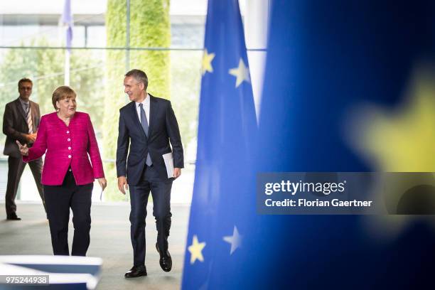 German Chancellor Angela Merkel and Jens Stoltenberg, Secretary General of the NATO , attend a press conference on June 15, 2018 in Berlin, Germany.