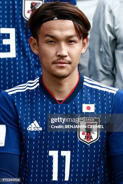 Japan's forward Takashi Usami poses for a picture during a training session of the Japanese national football team in Kazan on June 15 during the...