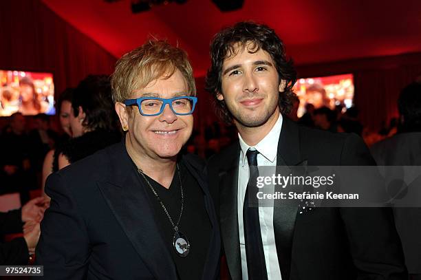 Musician Sir Elton John, wearing Chopard, and Josh Groban attend the 18th Annual Elton John AIDS Foundation Oscar Party at Pacific Design Center on...