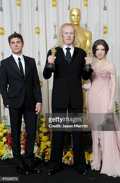 Paul N.J. Ottosson, winner of Best Sound Editing and Best Sound Mixing awards for "The Hurt Locker," with actors Zac Efron and Anna Kendrick pose in...