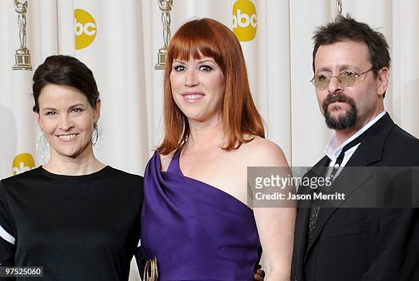 Actors Ally Sheedy, Molly Ringwald and Judd Nelson, who presented a tribute to late director John Hughes, pose in the press room at the 82nd Annual...