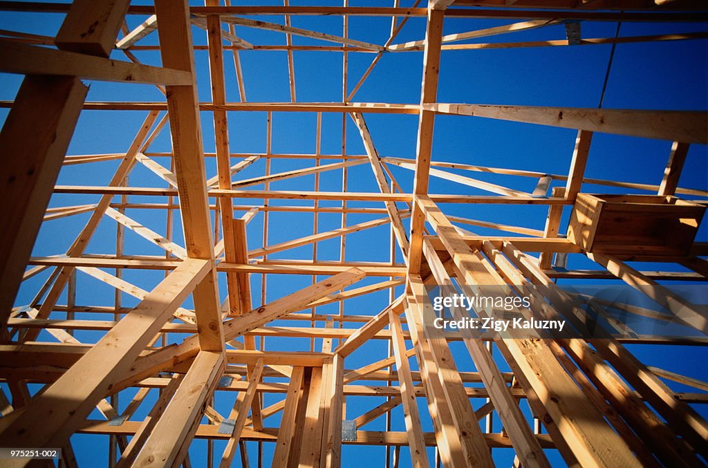 Wooden frame of house under construction, low angle view