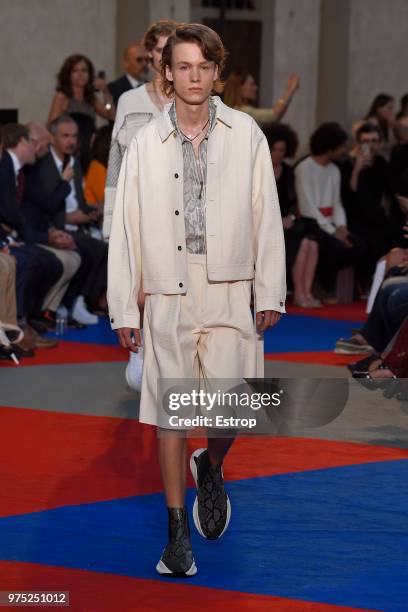 Model walks the runway at the Roberto Cavalli show during the 94th Pitti Immagine Uomo on June 13, 2018 in Florence, Italy.