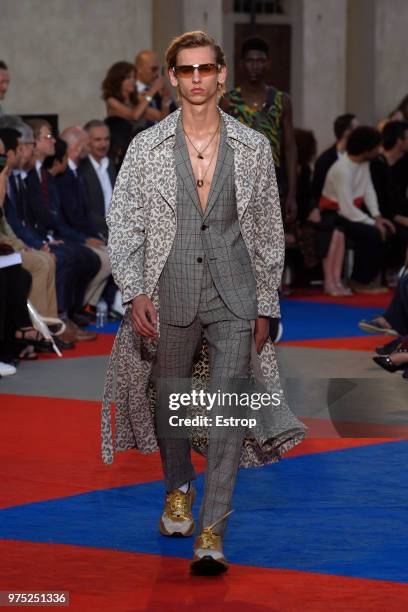 Model walks the runway at the Roberto Cavalli show during the 94th Pitti Immagine Uomo on June 13, 2018 in Florence, Italy.