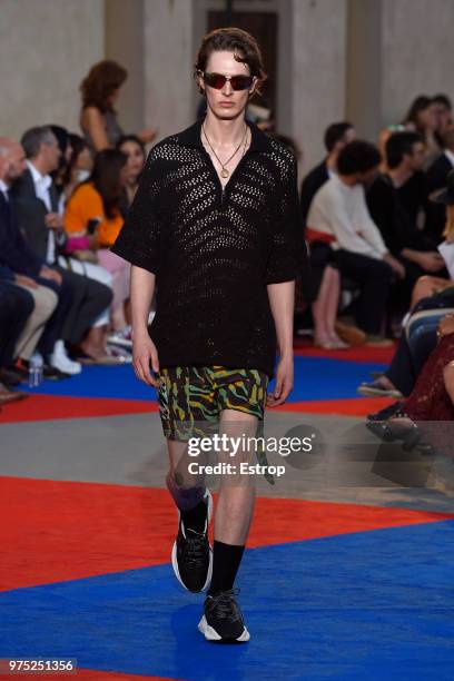 Model walks the runway at the Roberto Cavalli show during the 94th Pitti Immagine Uomo on June 13, 2018 in Florence, Italy.