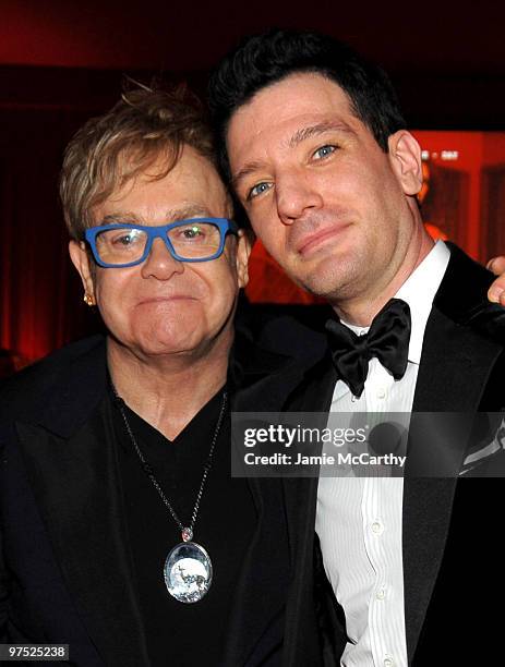 Musician Sir Elton John and TV personality J.C. Chasez attend the 18th Annual Elton John AIDS Foundation Oscar party held at Pacific Design Center on...