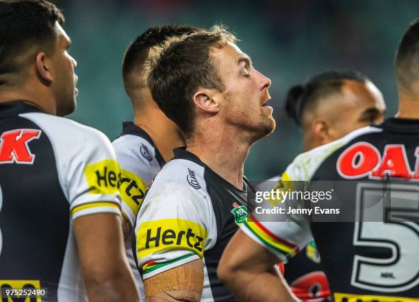 James Maloney of the Panthers looks on after a Roosters try during the round 15 NRL match between the Sydney Roosters and the Penrith Panthers at...