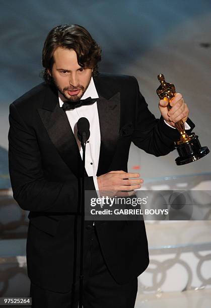 Winner for Writing Mark Boal for "The Hurt Locker" gives his acceptance speech at the 82nd Academy Awards at the Kodak Theater in Hollywood,...