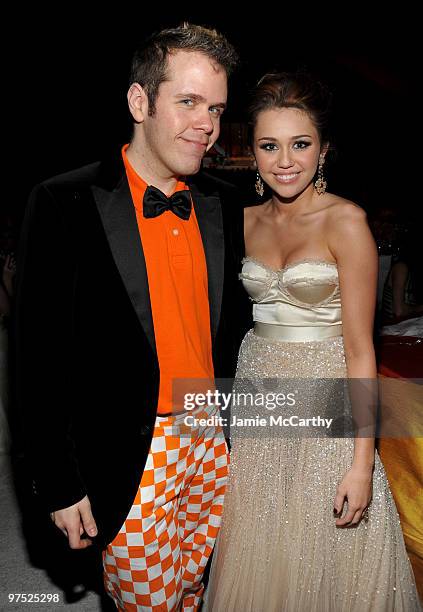 Perez Hilton and singer Miley Cyrus attend the 18th Annual Elton John AIDS Foundation Oscar party held at Pacific Design Center on March 7, 2010 in...