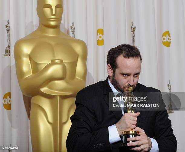 Nicolas Schmerkin celebrates with his Best Animated Short Film Oscar for "Logorama" during the 82nd Academy Awards at the Kodak Theater in Hollywood,...