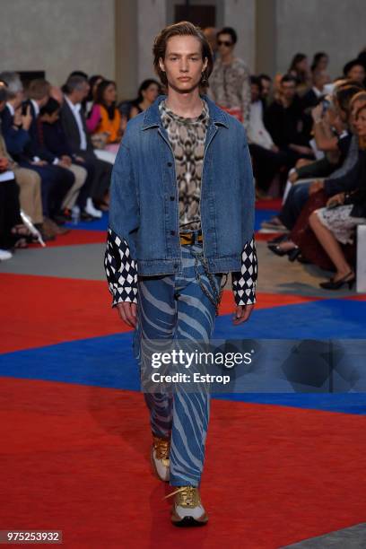 Model walks the runway at the Roberto Cavalli show during the 94th Pitti Immagine Uomo on June 13, 2018 in Florence, Italy.