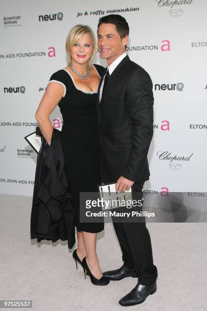 Actor Rob Lowe and Sheryl Berkoff arrives at the 18th annual Elton John AIDS Foundation Oscar Party held at Pacific Design Center on March 7, 2010 in...