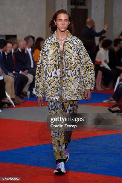 Model walks the runway at the Roberto Cavalli show during the 94th Pitti Immagine Uomo on June 13, 2018 in Florence, Italy.