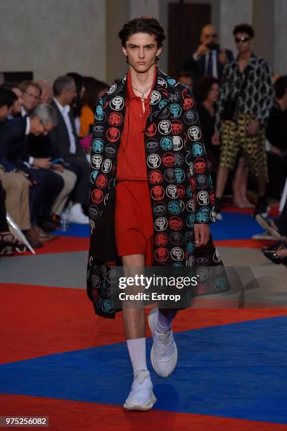 Model walks the runway at the Roberto Cavalli show during the 94th Pitti Immagine Uomo on June 13, 2018 in Florence, Italy.