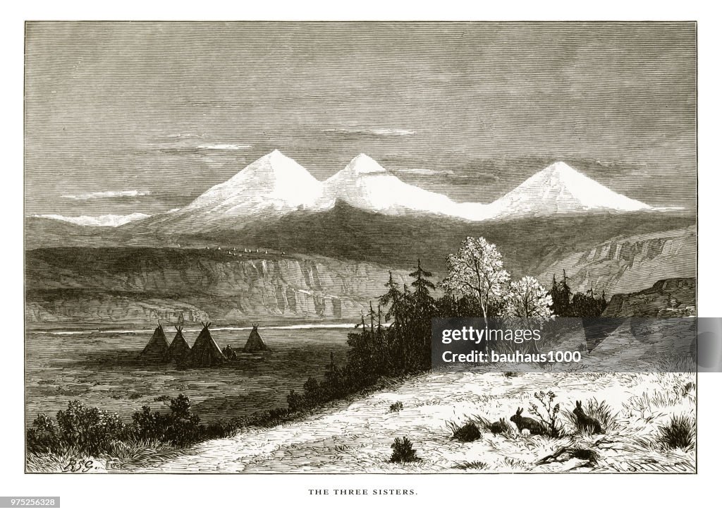 Three Sisters, Cascade Range, Oregon, United States, American Victorian Engraving, 1872