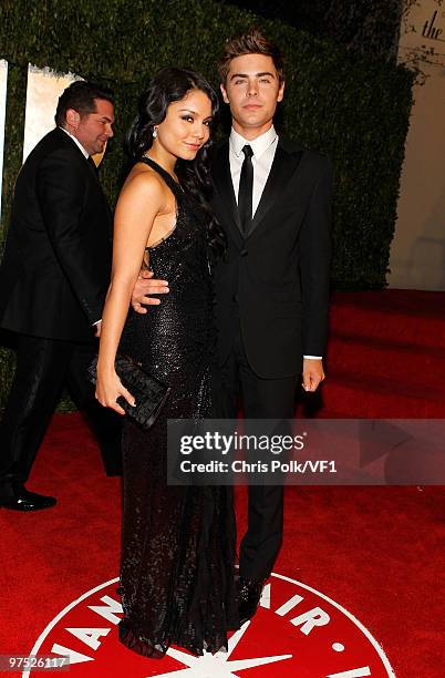 Actors Vanessa Hudgens and Zac Efron attend the 2010 Vanity Fair Oscar Party hosted by Graydon Carter at the Sunset Tower Hotel on March 7, 2010 in...